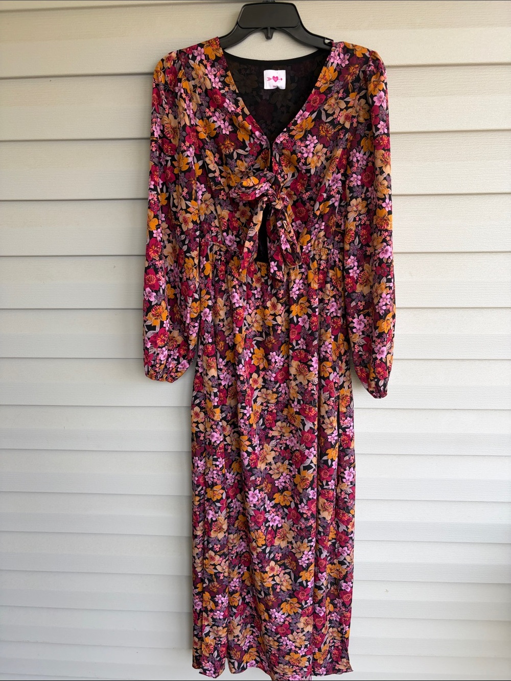 Buddy Love Floral Tie-Front Long Sleeve Maxi Dress in Burgundy Pink